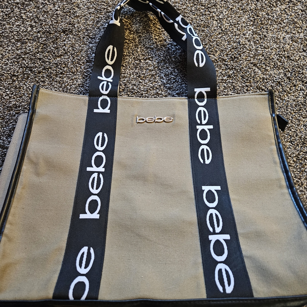 Bebe Beige Tote with Black Logo Straps